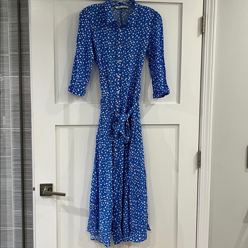 Zara Blue White Long Sleeve Button-Front Midi Dress